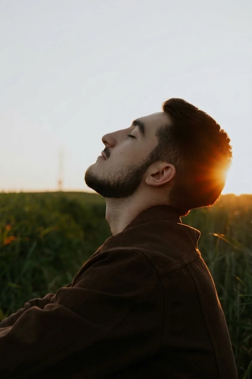 A man pausing for a quiet moment outdoors at sunset