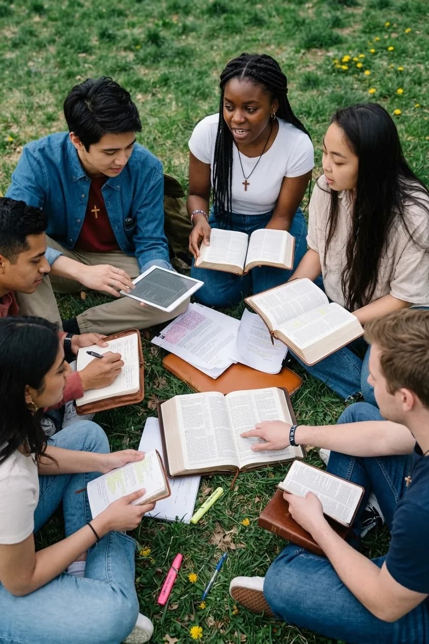 A group studying the Bible together on the grass