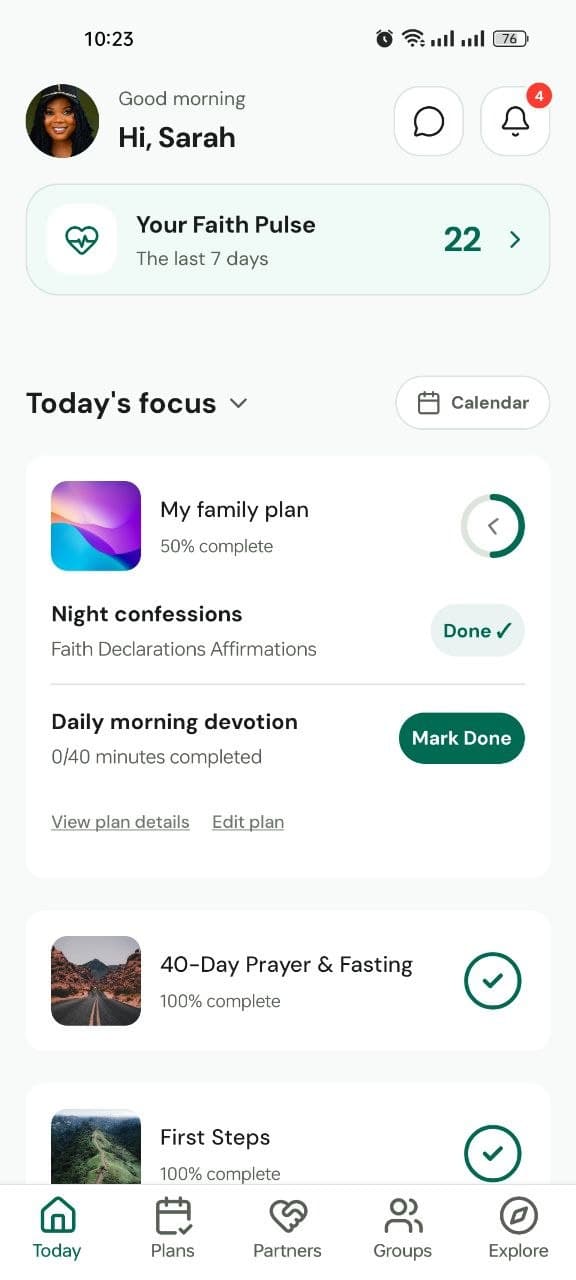 Wordman Today showing daily spiritual goals and completed plans